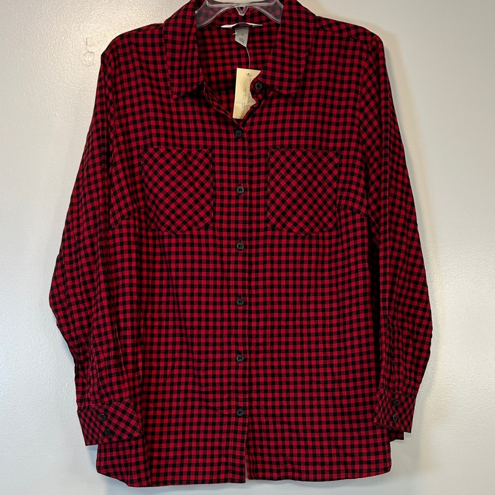 Cj Banks Red and Black Checkered Button Down‎ Long Sleeve Shirt Women’s Size 1X